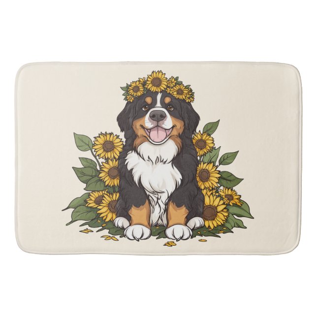 Cute Bernese Mountain Dog Wearing Sunflower Crown Bath Mat (Front)