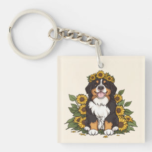 Cute Bernese Mountain Dog Wearing Sunflower Crown Key Ring