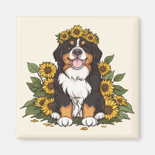Cute Bernese Mountain Dog Wearing Sunflower Crown Magnet