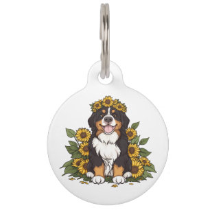 Cute Bernese Mountain Dog Wearing Sunflower Crown Pet Tag