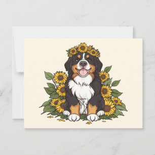 Cute Bernese Mountain Dog Wearing Sunflower Crown Postcard
