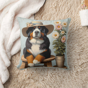 Cute Bernese Mountain Dog with Hat and Flowers Cushion