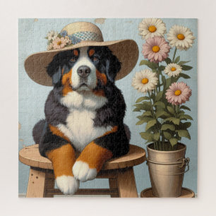 Cute Bernese Mountain Dog with Hat and Flowers Jigsaw Puzzle