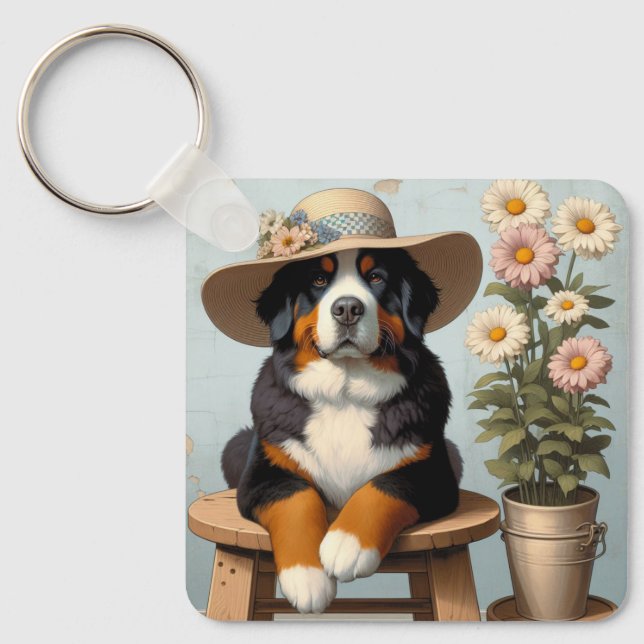 Cute Bernese Mountain Dog with Hat and Flowers Key Ring (Front)