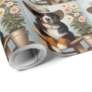 Cute Bernese Mountain Dog with Hat and Flowers Wrapping Paper