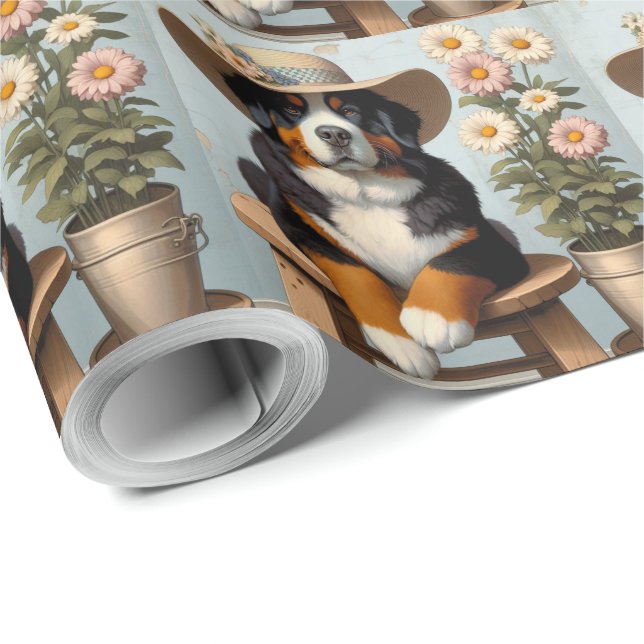 Cute Bernese Mountain Dog with Hat and Flowers Wrapping Paper (Roll Corner)