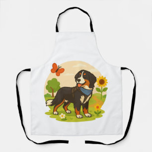Cute Bernese Mountain Dog with Sunflower & Butterf Apron