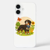 Cute Bernese Mountain Dog with Sunflower & Butterf