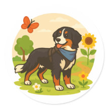 Cute Bernese Mountain Dog with Sunflower & Butterf