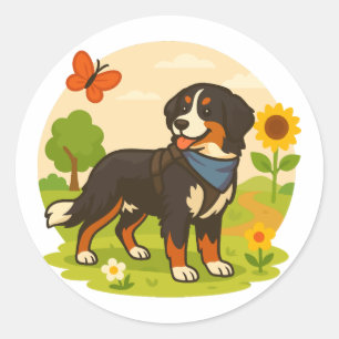 Cute Bernese Mountain Dog with Sunflower & Butterf Classic Round Sticker