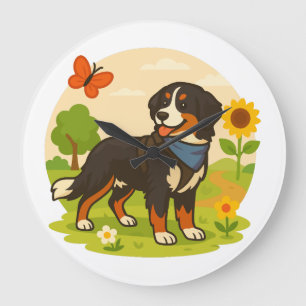 Cute Bernese Mountain Dog with Sunflower & Butterf Large Clock
