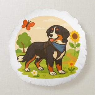 Cute Bernese Mountain Dog with Sunflower & Butterf Round Cushion