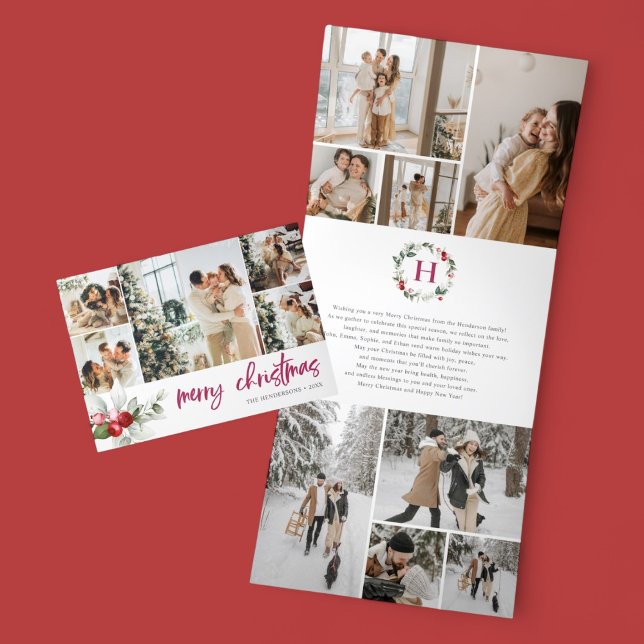 Cute Berry 16 Photo Collage Christmas Tri-Fold Holiday Card (Creator Uploaded)