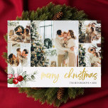 Cute Berry Christmas Script Photo Collage<br><div class="desc">Embrace the festive spirit with our luxurious personalised Christmas card, designed to capture the warmth and joy of the season. The card takes centre stage with a delightful arrangement of five square-sized photos, each telling a unique story of your family's cherished moments. As your eyes drift below, a delicate watercolor...</div>