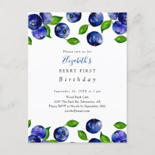 Cute Berry First Birthday Blueberry Watercolor  Postcard
