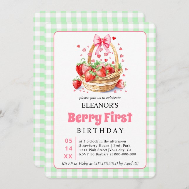 Cute Berry First Birthday strawberries for girls Invitation (Front/Back)