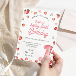 Cute Berry First Birthday Watercolor Strawberry Invitation