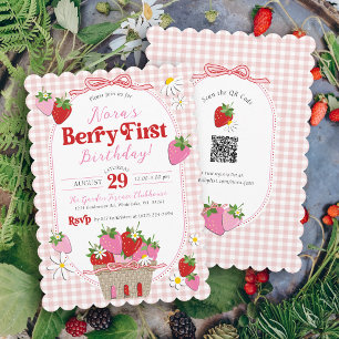 Cute Berry First Strawberry Girl 1st Birthday Invitation