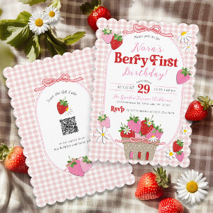 Cute Berry First Strawberry Girl 1st Birthday Invitation