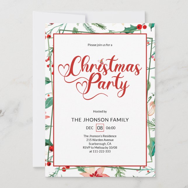Cute Berry Pattern Calligraphy Christmas Party Invitation (Front)