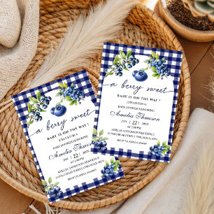 Cute Berry Sweet Blue Gingham Baby Shower  Invitation