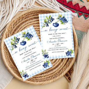 Cute Berry Sweet Blue Gingham Baby Shower  Invitation