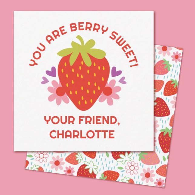 Cute Berry Sweet Kids Strawberry Valentine Card (A cute Strawberry, berry sweet mini valentine card. Great for a school classroom exchange.)