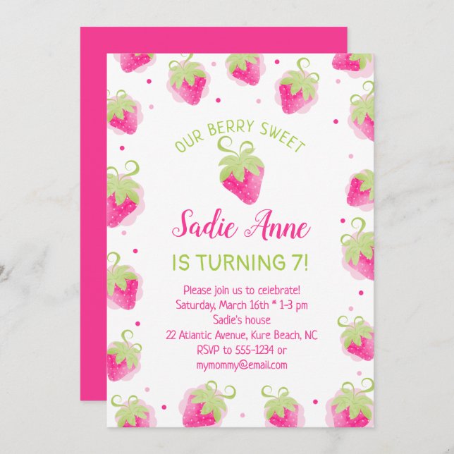 Cute Berry Sweet Pink Strawberries Birthday Invitation (Front/Back)