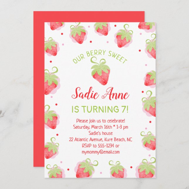 Cute Berry Sweet Red Strawberries Birthday Invitation (Front/Back)