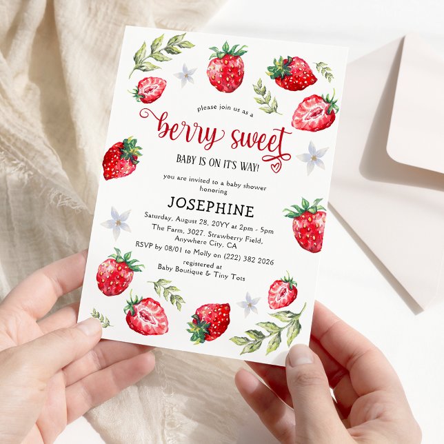 Cute 'Berry Sweet' Strawberry Baby Shower Invitation (Creator Uploaded)