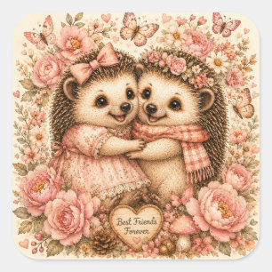 Cute Best Friends Hedgehog Floral Watercolor Square Sticker