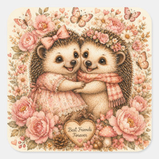 Cute Best Friends Hedgehog Floral Watercolor Square Sticker