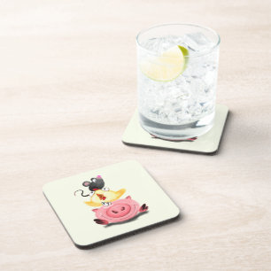 Cute Best Friends Piggy Chick and Mouse - Cartoon Coaster
