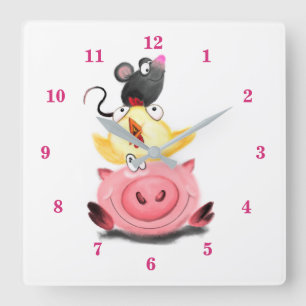 Cute Best Friends Piggy Chick and Mouse - Cartoon Square Wall Clock