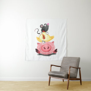Cute Best Friends Piggy Chick and Mouse - Cartoon  Tapestry