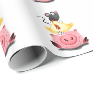 Cute Best Friends Piggy Chick and Mouse - Funny Wrapping Paper