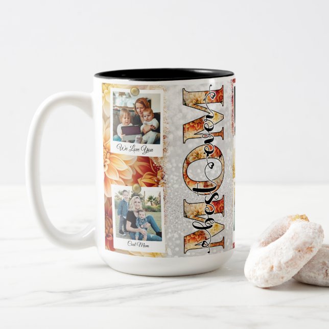Cute Best Mum Ever Floral Photo Custom Two-Tone Coffee Mug (With Donut)