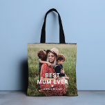 Cute BEST MUM EVER Heart Mother's Day Photo Tote Bag<br><div class="desc">Cute Best Mum Ever Heart Mother's Day Photo Tote Bags features your favourite photo with the text "best mum ever" in modern white script with a heart and your names below. Personalise by editing the text in the text box provided and adding your own picture. Designed by ©2022 Evco Studio...</div>
