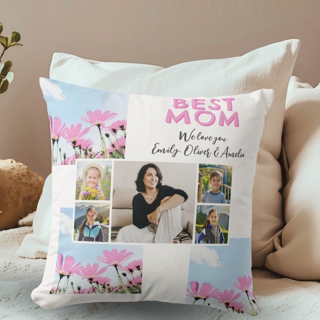 Cute Best Mum Pink Flowers 5 Photo Collage Cushion (Creator Uploaded)