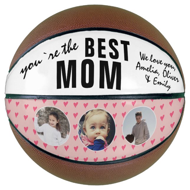 Cute Best Mum Pink Heart 3 Photo Collage Basketball (Front)