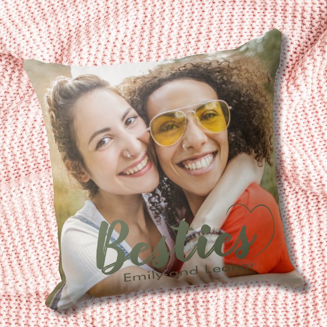 Cute Besties Sage Green Heart and Names Cushion (Creator Uploaded)