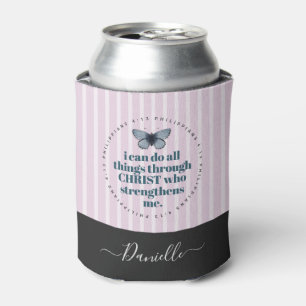 Cute Bible Verse Butterfly Pink Stripes Name Can Cooler