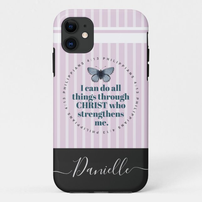 Cute Bible Verse Butterfly Pink Stripes Name Case-Mate iPhone Case (Back)