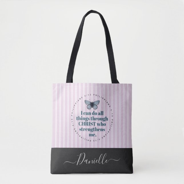 Cute Bible Verse Butterfly Pink Stripes Name Tote Bag (Front)