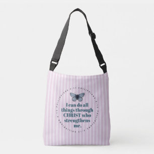 Cute Bible Verse Butterfly Pink White Stripes Crossbody Bag