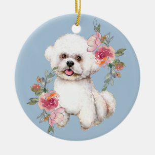 Cute Bichon Frise with Flowers Watercolor Art Clas Ceramic Tree Decoration