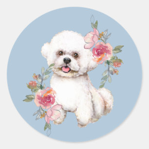 Cute Bichon Frise with Flowers Watercolor Art Classic Round Sticker