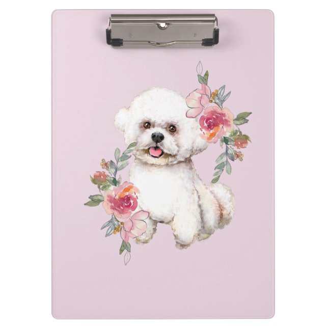 Cute Bichon Frise with Flowers Watercolor Art  Clipboard (Front)