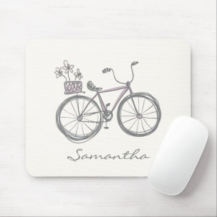 Cute Bicycle Drawing in Lilac Personalised Name Mouse Pad