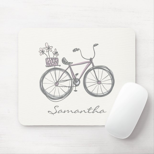 Cute Bicycle Drawing in Lilac | Personalised Name Mouse Pad (With Mouse)